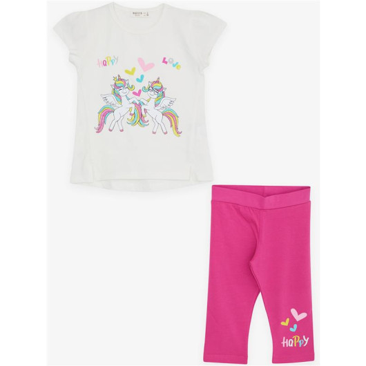 Girl's Capri Tights Set Unicorn Printed Ecru (1.5-5 Years)