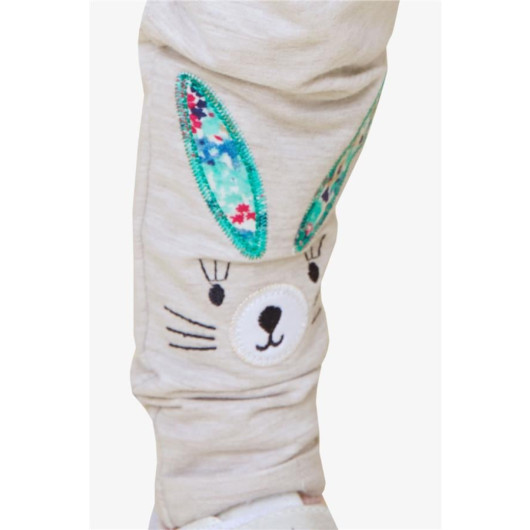 Baby Girl Leggings Pants Rabbit Embroidered Beige Melange (9 Months - 1.5 Years Old)