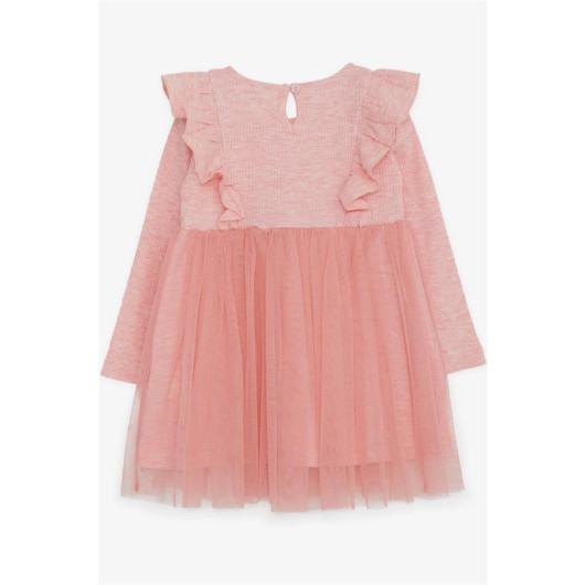 Baby Girl Long Sleeve Dress With Frill Shoulder Tulle Salmon Melange (9 Months-3 Years)