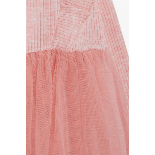 Baby Girl Long Sleeve Dress With Frill Shoulder Tulle Salmon Melange (9 Months-3 Years)