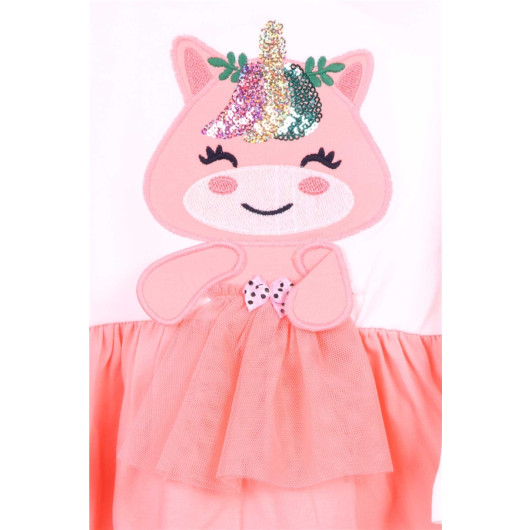 Girl Long Sleeve Dress Sequin Embroidered Kitten Ecru (1-4 Years)