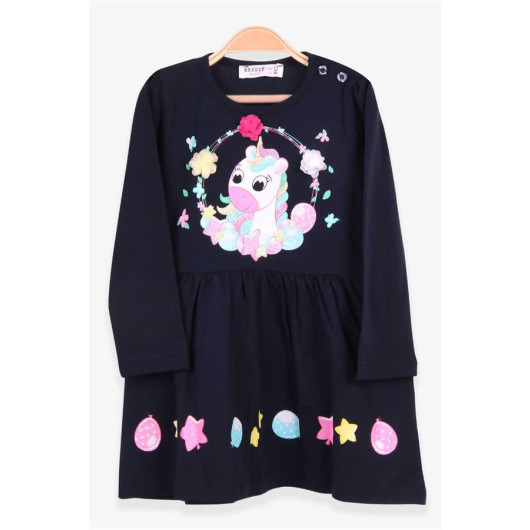 Girl Long Sleeve Dress Unicorn Printed Navy (1.5-3 Years)