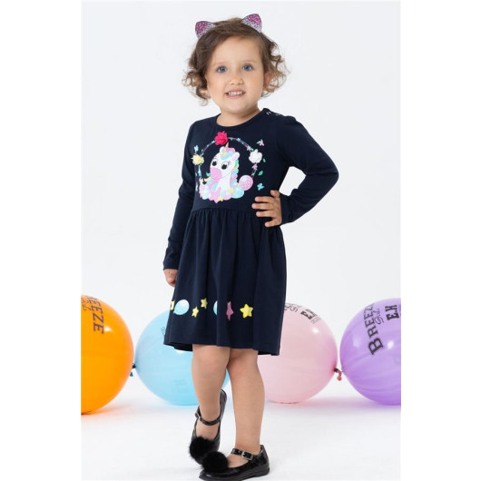 Girl Long Sleeve Dress Unicorn Printed Navy (1.5-3 Years)