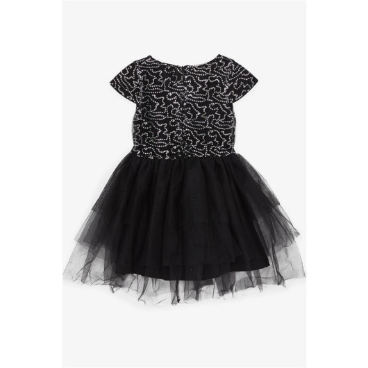 Girls' Black Dress Decorated With Bow, Sequins And Tulle (5-9 Years)