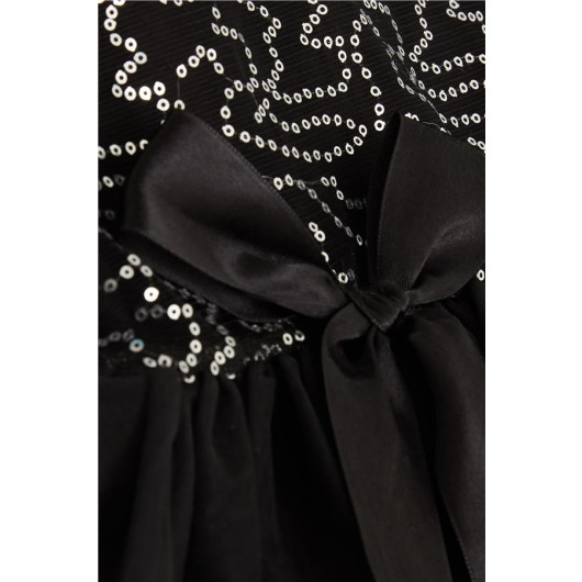 Girls' Black Dress Decorated With Bow, Sequins And Tulle (5-9 Years)