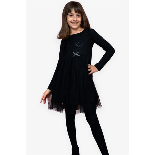 Girl's Dress With Sequin Bow Tulle Black (4-9 Years)