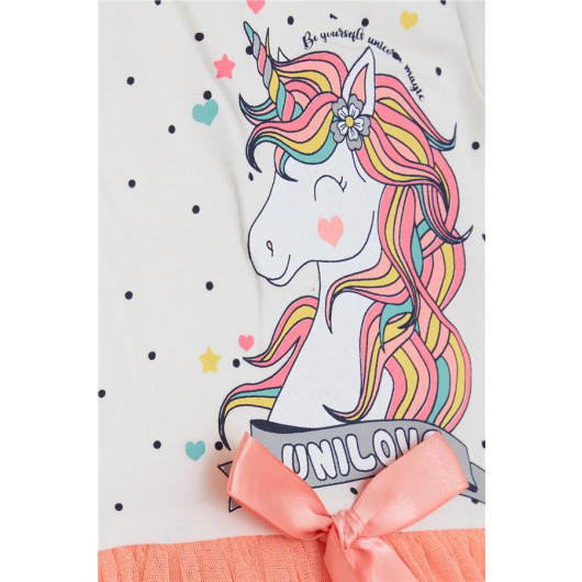 Girl's Dress Unicorn Printed Tulle Bow Ecru (3-8 Ages)