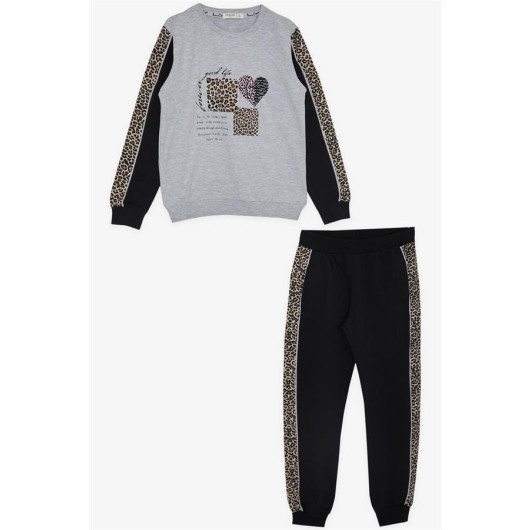 Girl's Tracksuit Set Heart Text Printed Gray Melange (Age 6-12)