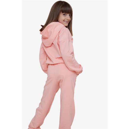 Girl's Tracksuit Set Cute Teddy Bear Printed Salmon (5-10 Years)