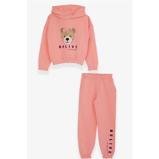 Girl's Tracksuit Set Cute Teddy Bear Printed Salmon (5-10 Years)