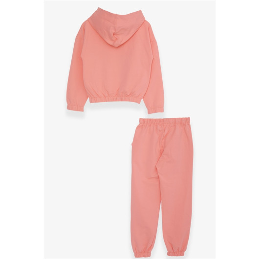 Girl's Tracksuit Set Cute Teddy Bear Printed Salmon (5-10 Years)