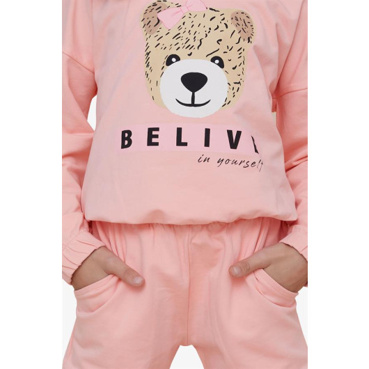 Girl's Tracksuit Set Cute Teddy Bear Printed Salmon (5-10 Years)