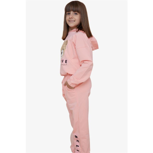 Girl's Tracksuit Set Cute Teddy Bear Printed Salmon (5-10 Years)