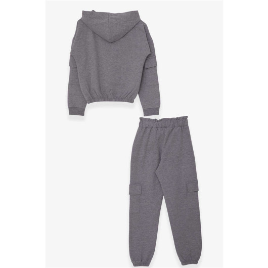 Girl's Tracksuit Set Letter Printed Cargo Pocket Dark Gray Melange (8-14 Years)