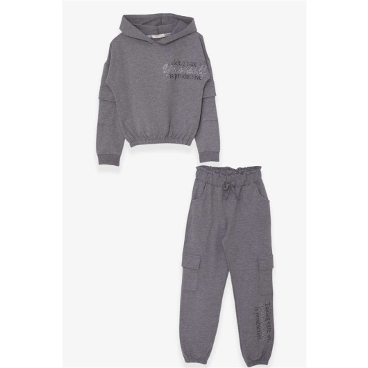 Girl's Tracksuit Set Letter Printed Cargo Pocket Dark Gray Melange (8-14 Years)