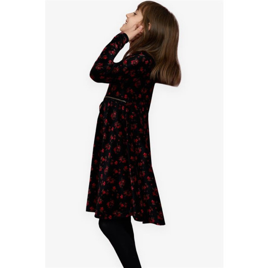 Girl Velvet Dress Floral Black (7-12 Ages)