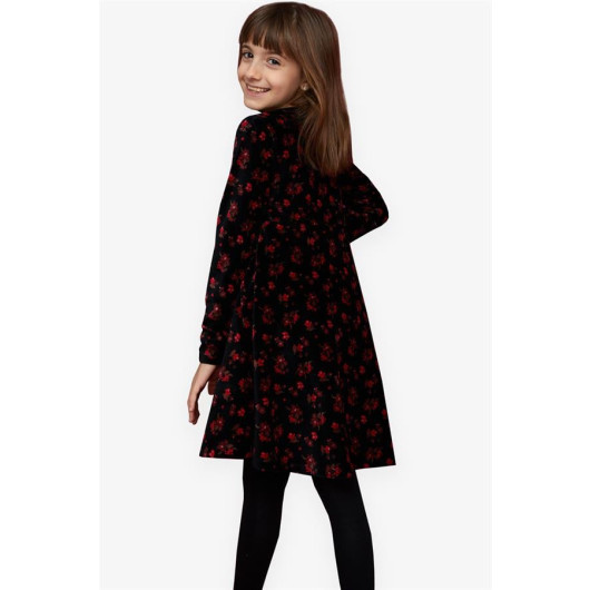 Girl Velvet Dress Floral Black (7-12 Ages)