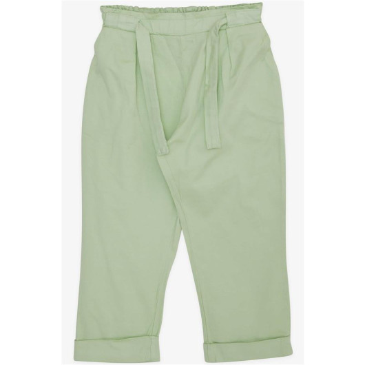 Girl's Trousers Waist Elastic Pocket Belted Water Green (2-6 Years)