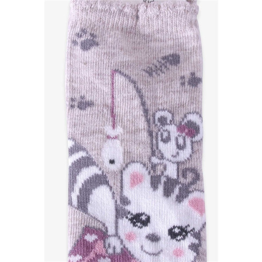 Girl's Socks With Glutton Cat Beige (1-2-7-8 Years)