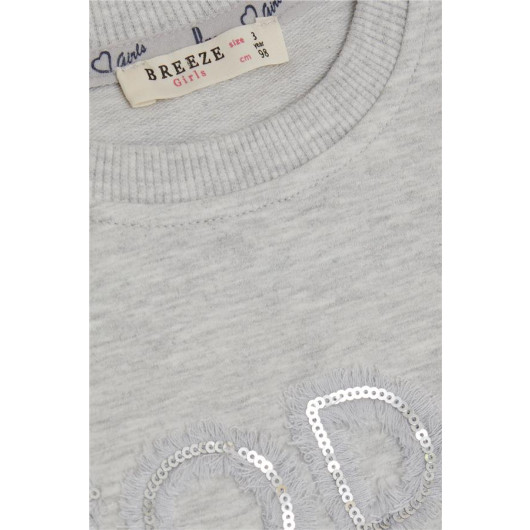 Girl's Sweatshirt Sequined Glitter Text Printed Light Gray Melange (Age 3-8)