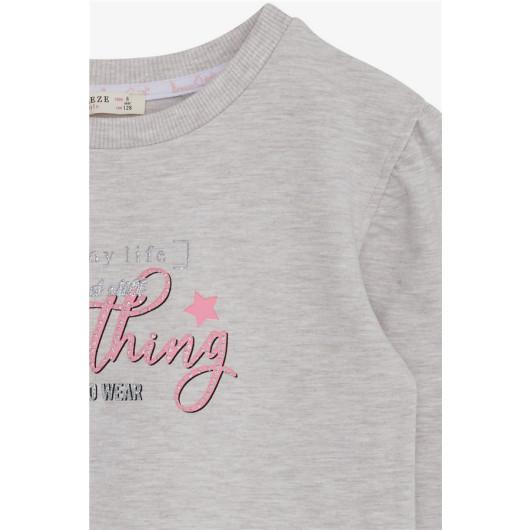 Girl's Sweatshirt Glittery Text Printed Beige Melange (8-14 Years)