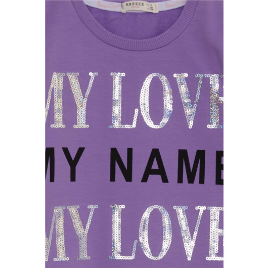 Girl's Sweatshirt Letter Printed Sequin Lilac (8-14 Years)