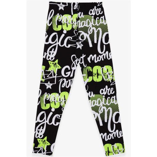 Girl's Tights With Text Printed Black (9-14 Years)