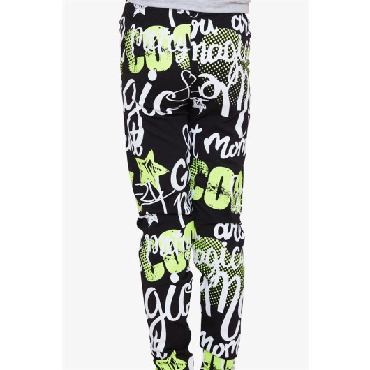 Girl's Tights With Text Printed Black (9-14 Years)