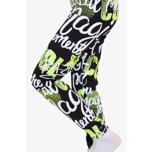 Girl's Tights With Text Printed Black (9-14 Years)