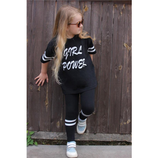 Girl's Tights Set Text Printed Black (3-7 Years)