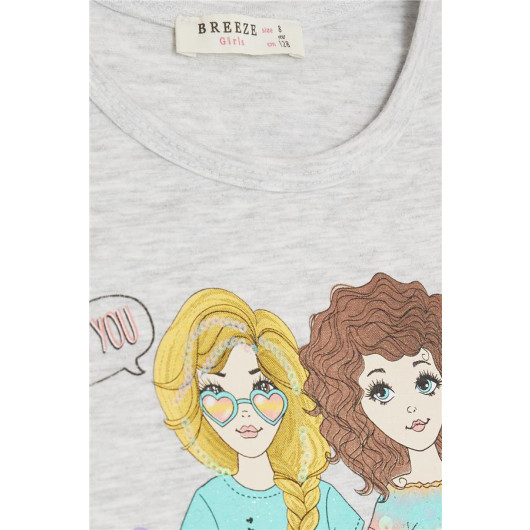 Girls' Light Gray Printed T-Shirt (8-12 Years)