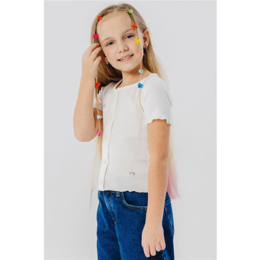 Girls' T-Shirt With Buttons, Light Beige (8-14 Years)