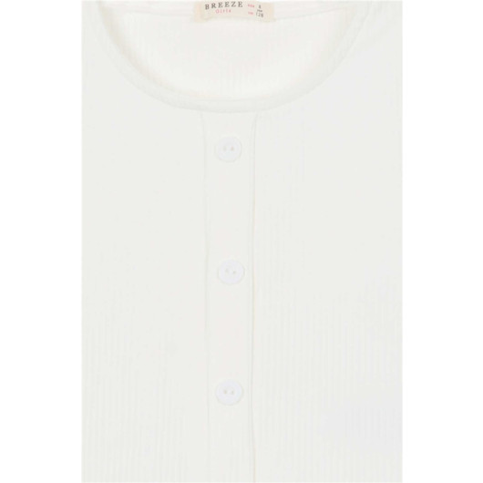 Girls' T-Shirt With Buttons, Light Beige (8-14 Years)