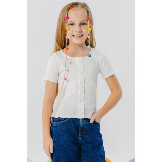 Girls' T-Shirt With Buttons, Light Beige (8-14 Years)