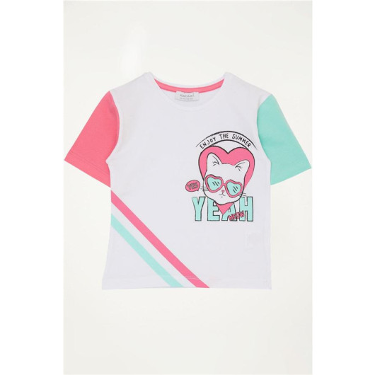 Girls White Cat Print T-Shirt (3-7Yrs)