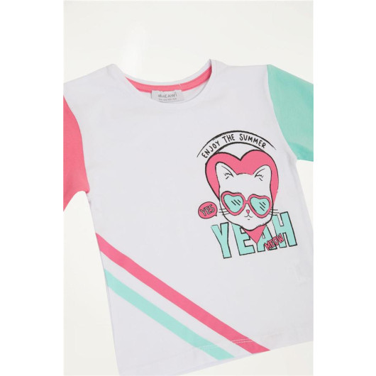 Girls White Cat Print T-Shirt (3-7Yrs)