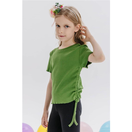 Girl's T-Shirt Khaki Green (8-14 Years) With Pleated Sides