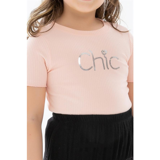 Girls' T-Shirt, Lettering, Sequins, Light Orange (8-14 Years)