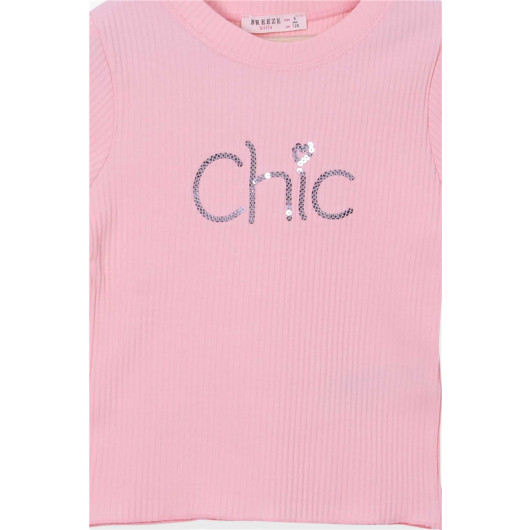 Girls' T-Shirt, Lettering, Sequins, Light Orange (8-14 Years)