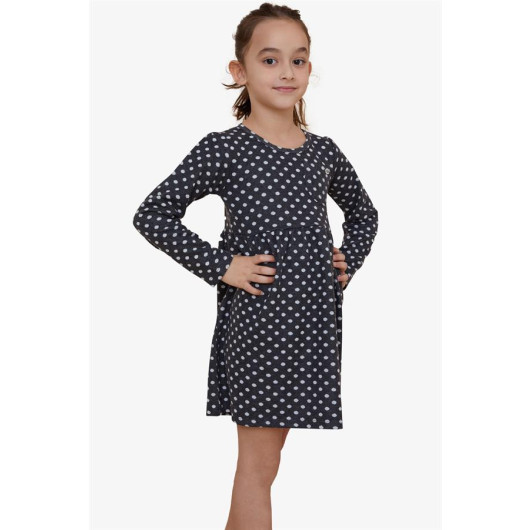 Girl Long Sleeve Dress Polka Dot Patterned Smoked (4-8 Years)