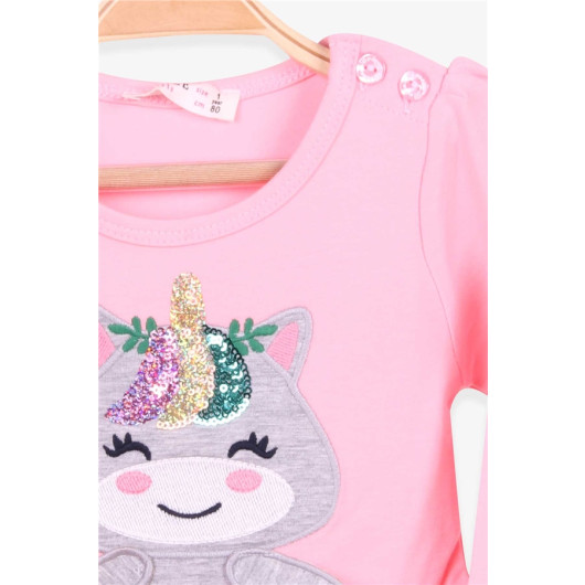 Baby Girl Long Sleeve Dress Sequin Embroidered Kitten Powder (1-2 Years)