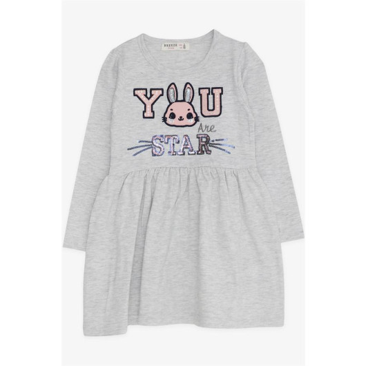 Girl Long Sleeve Dress Rabbit Embroidered Gray Melange (2-5 Years)