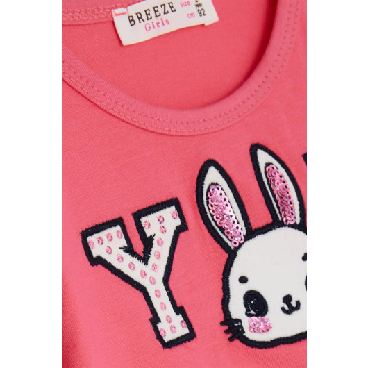 Girl Long Sleeve Dress Rabbit Embroidered Coral (2-6 Years)