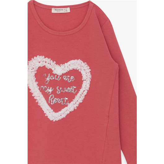 Girl's Long Sleeved T-Shirt Glittery Heart Printed Rosehip (5-10 Years)