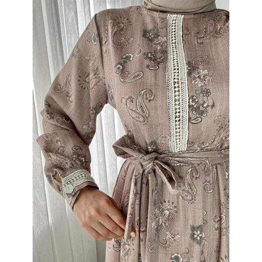 Lace Detailed Shawl Pattern Linen Dress Beige