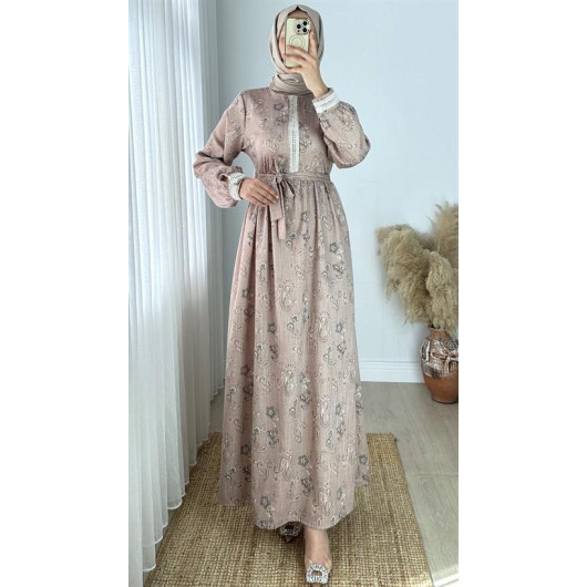 Lace Detailed Shawl Pattern Linen Dress Beige