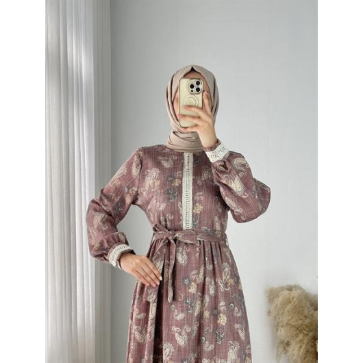 Lace Detailed Patterned Linen Dress Pink