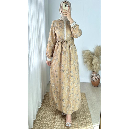 Lace Detailed Patterned Linen Dress Yellow