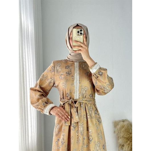 Lace Detailed Patterned Linen Dress Yellow