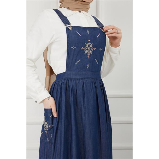 Embroidered Salopet Denim Dress Navy Blue